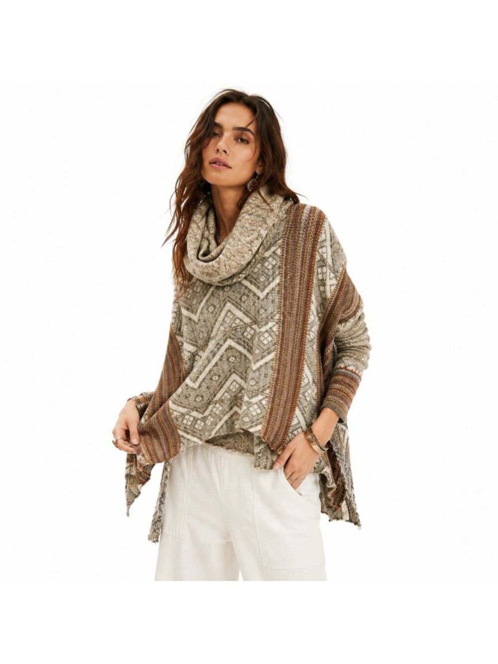 FREE PEOPLE sweater tunic cape poncho MEDIUM boho hippie cowl neck aztec